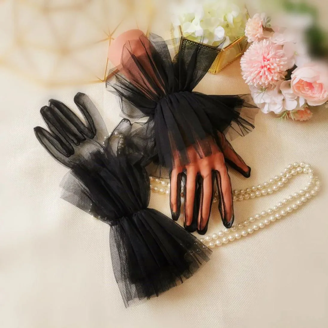 Black Dotted Bridal Gloves