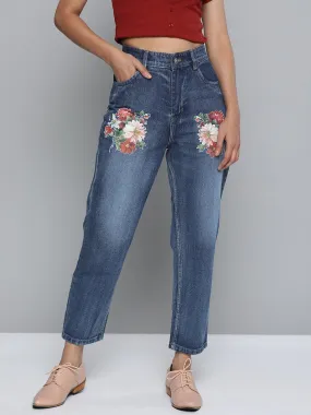 Blue Floral Print Mom Jeans