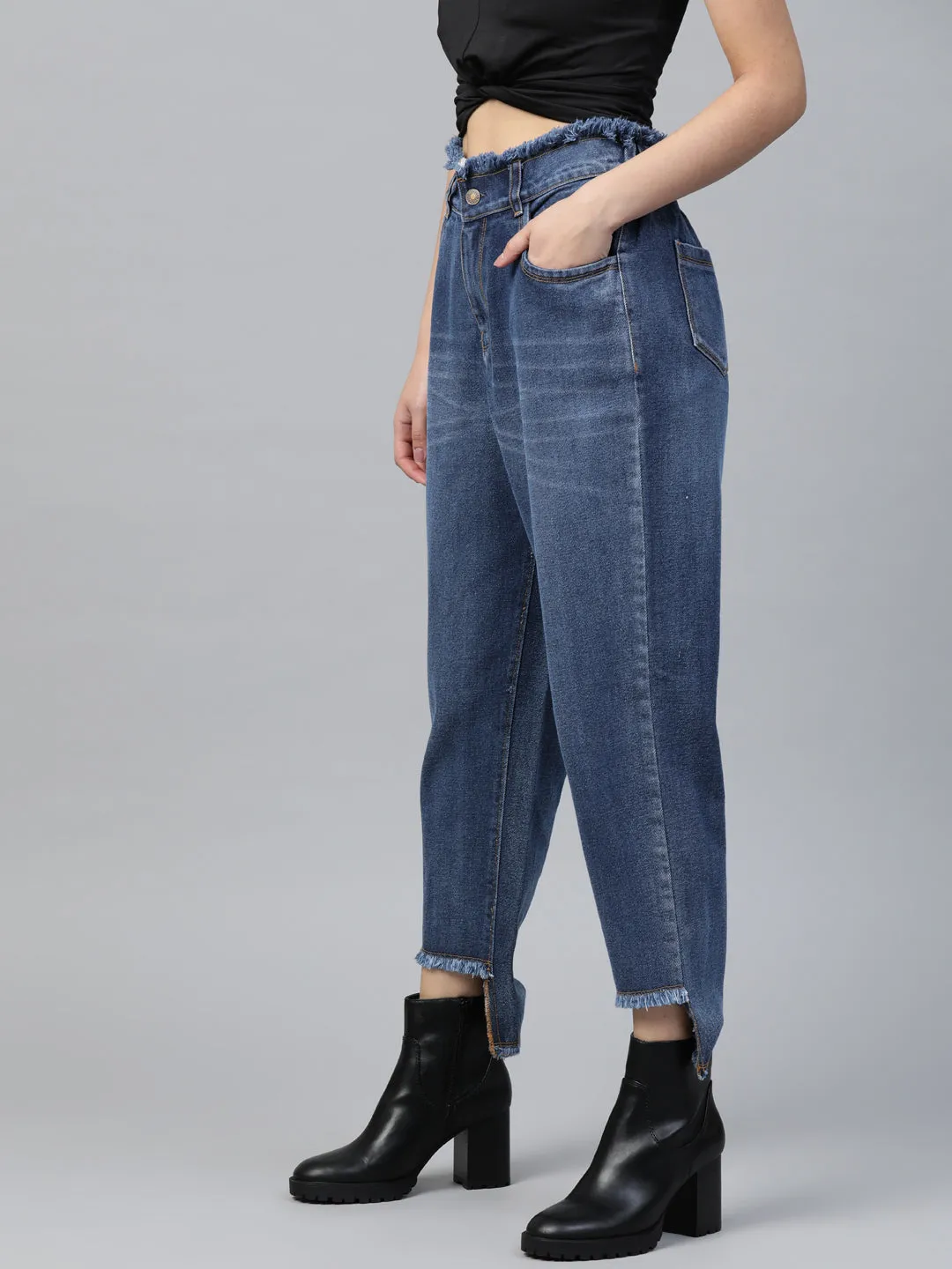 Blue High Low Hem Slouchy Jeans