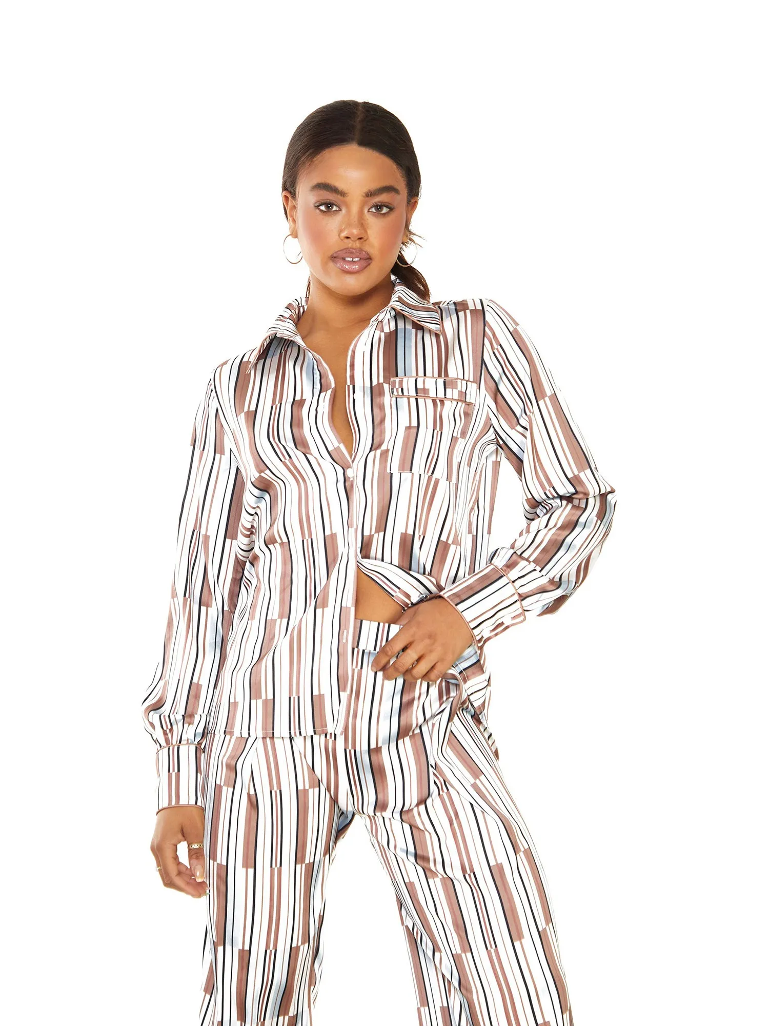 Glamorous Brown Blue Stripe High Waisted Trousers