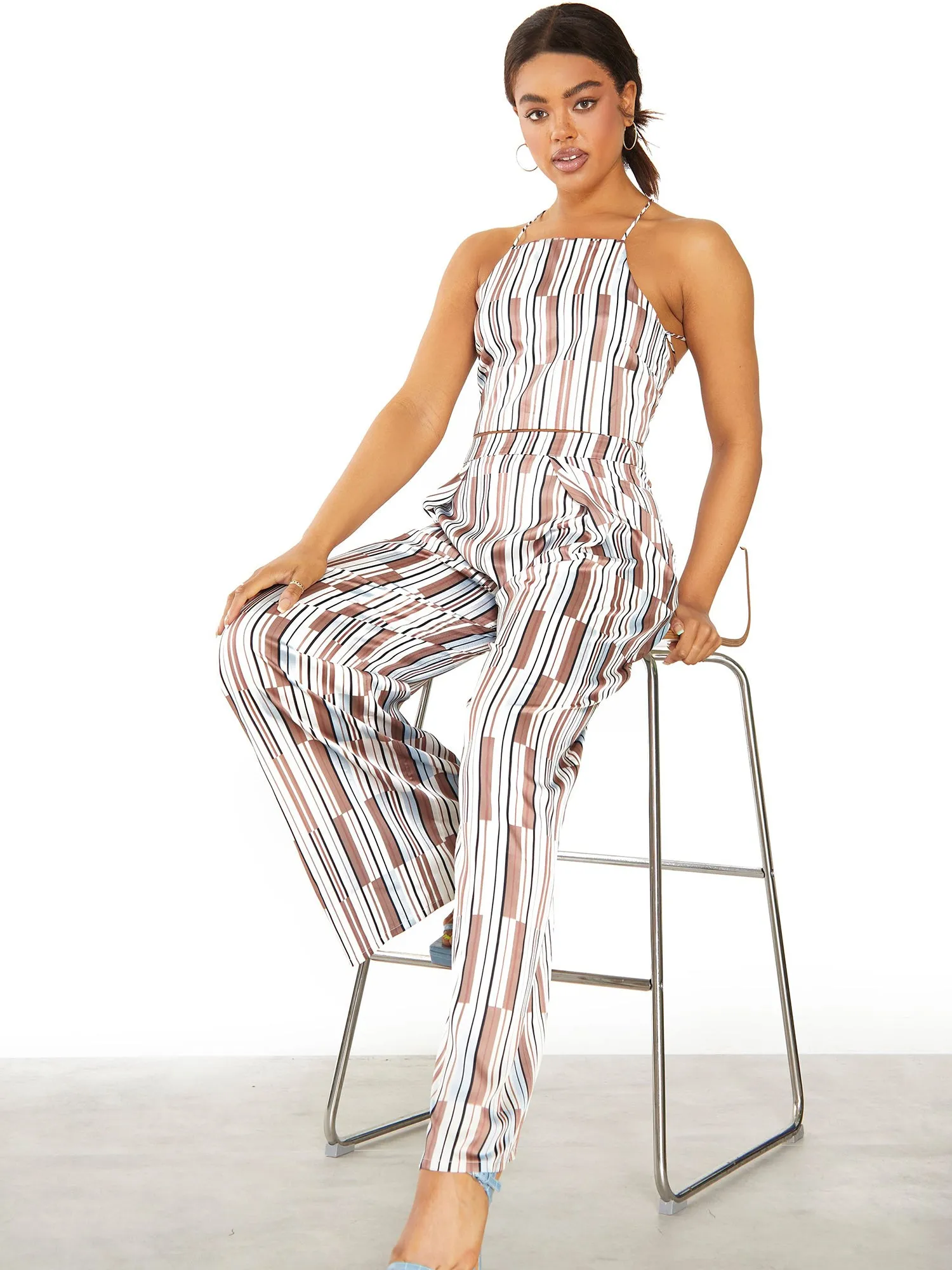 Glamorous Brown Blue Stripe High Waisted Trousers