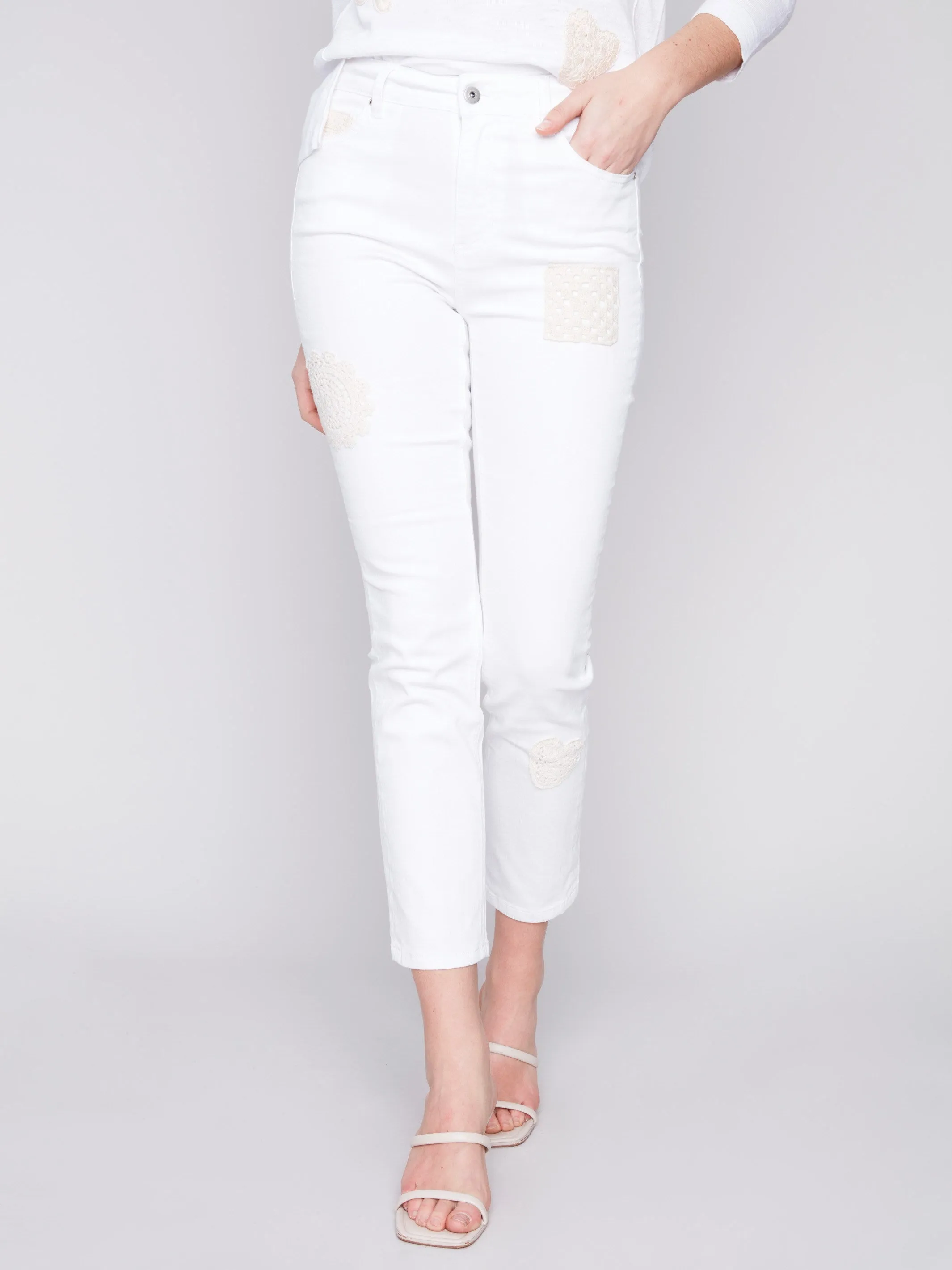 Jeans with Crochet Patch Details - White