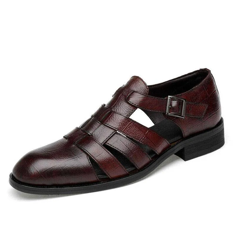 Libiyi Men's Business Casual Sandals Ankle Strap Flats Soft Leather Shoes