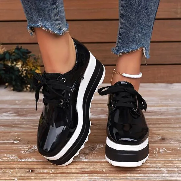 Women's Casual Lace-Up Patent Leather Platform Shoes 48328707S